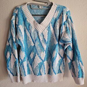 Blue White Knitted Cotton Acrylic Vneck Sweater Women's size Medium/M/44 Italy/8